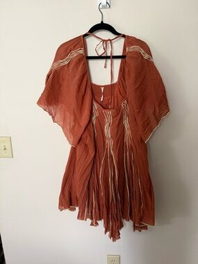 Free People Burnt Orange Smocked Neck Gauze Dress